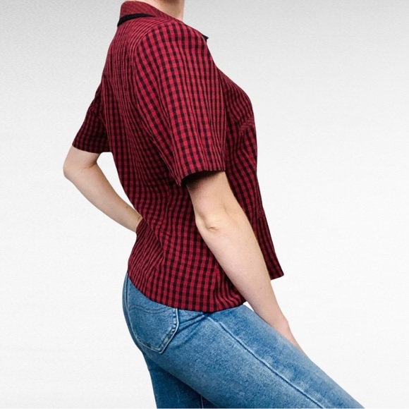 VINTAGE | 1990’s Kathie Lee Collection Black Red Checkered Short Sleeve Shirt - Picture 4 of 9